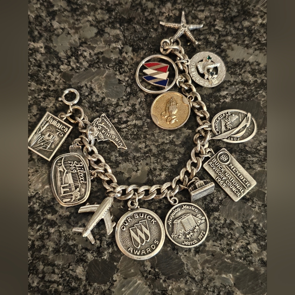 Vtg Sterling Silver Travel Bracelet 60s Charms Buick Member Flordia‎ PR 66 Grams